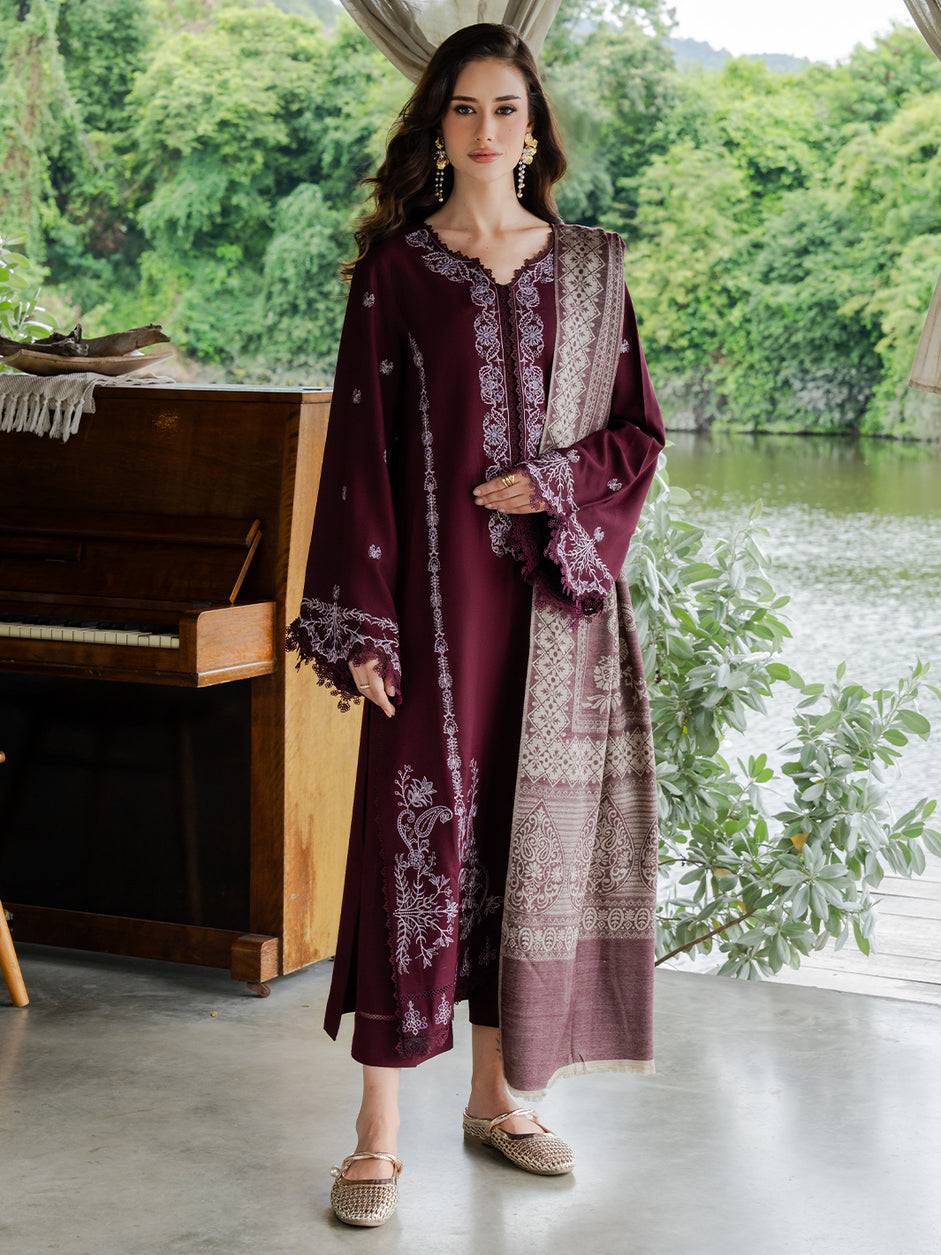 YARDS-3PC DHANAK EMBROIDERED SHIRT WITH COUTRAI PRINTED SHAWL AND TROUSER-BIC-5267