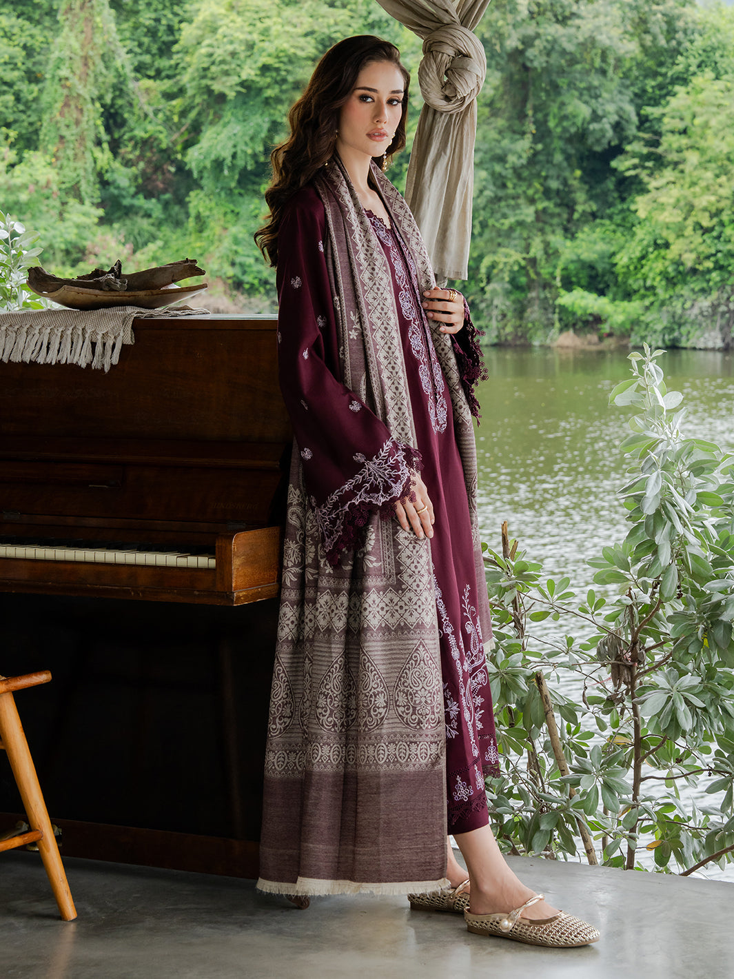 YARDS-3PC DHANAK EMBROIDERED SHIRT WITH COUTRAI PRINTED SHAWL AND TROUSER-BIC-5267