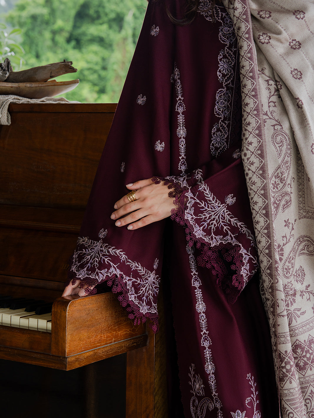 YARDS-3PC DHANAK EMBROIDERED SHIRT WITH COUTRAI PRINTED SHAWL AND TROUSER-BIC-5267