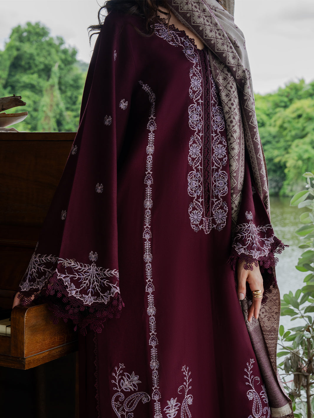 YARDS-3PC DHANAK EMBROIDERED SHIRT WITH COUTRAI PRINTED SHAWL AND TROUSER-BIC-5267