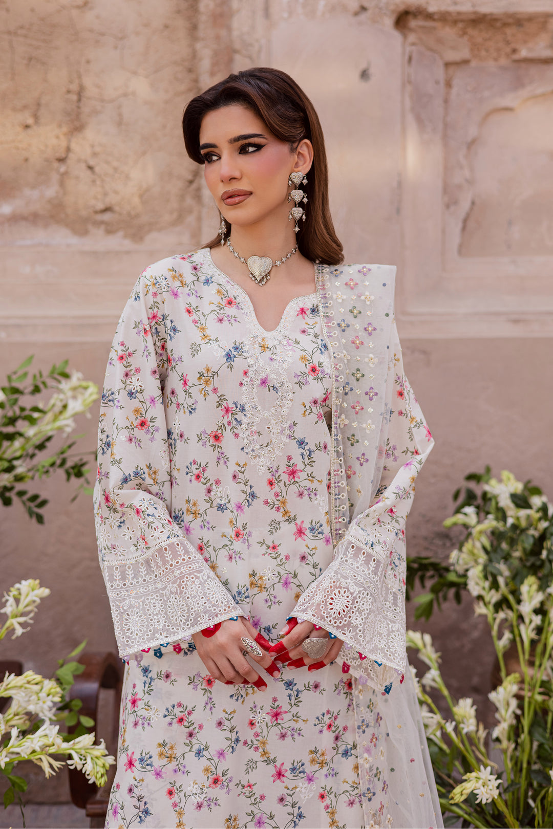 BATIK-3PC LAWN SCHIFFLI EMBROIDERED PRINTED SHIRT WITH ORGANZA EMBROIDERED DUPATTA AND PRINT TROUSER-