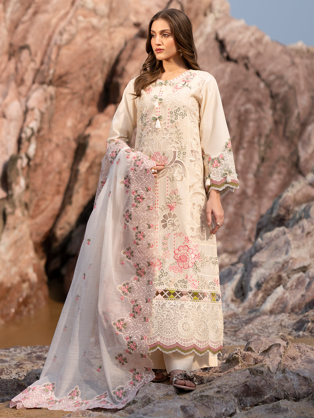 MAHNUR-3PC LAWN LASERCUTWORK EMBROIDERED SHIRT WITH KHAADI NET EMBROIDERED DUPATTA AND TROUSER-BIC-4721