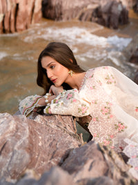 MAHNUR-3PC LAWN LASERCUTWORK EMBROIDERED SHIRT WITH KHAADI NET EMBROIDERED DUPATTA AND TROUSER-BIC-4721