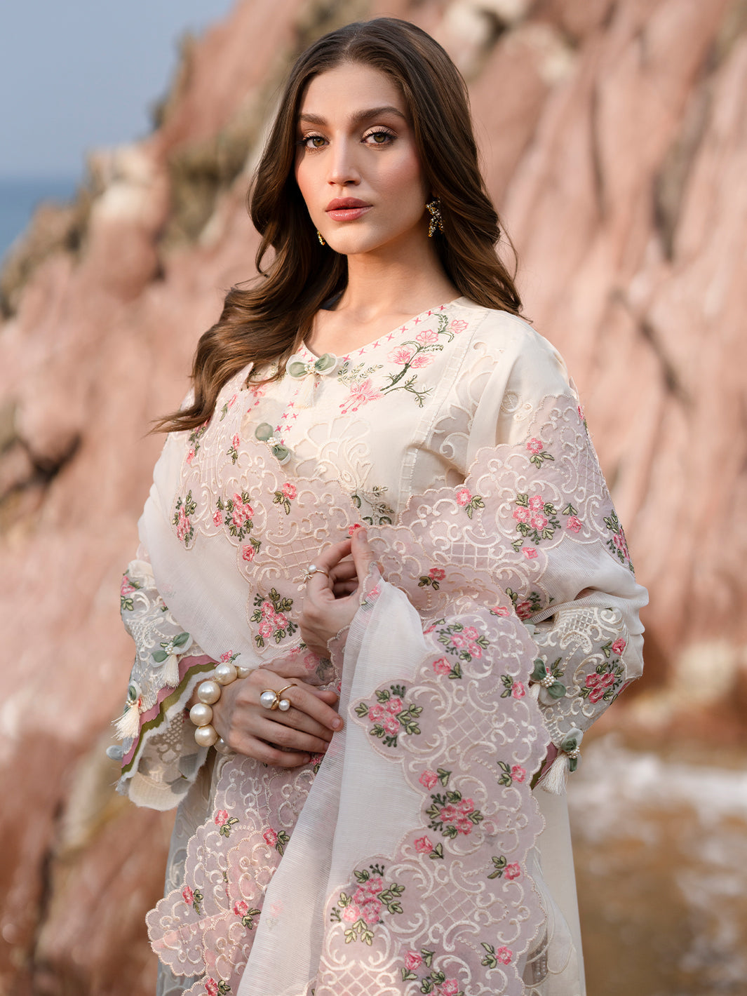 MAHNUR-3PC LAWN LASERCUTWORK EMBROIDERED SHIRT WITH KHAADI NET EMBROIDERED DUPATTA AND TROUSER-BIC-4721