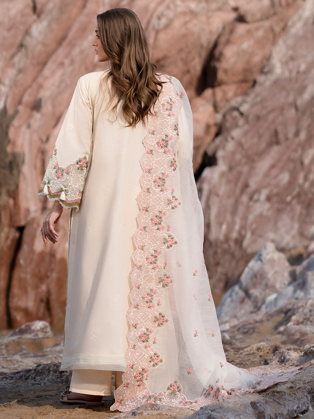 MAHNUR-3PC LAWN LASERCUTWORK EMBROIDERED SHIRT WITH KHAADI NET EMBROIDERED DUPATTA AND TROUSER-BIC-4721
