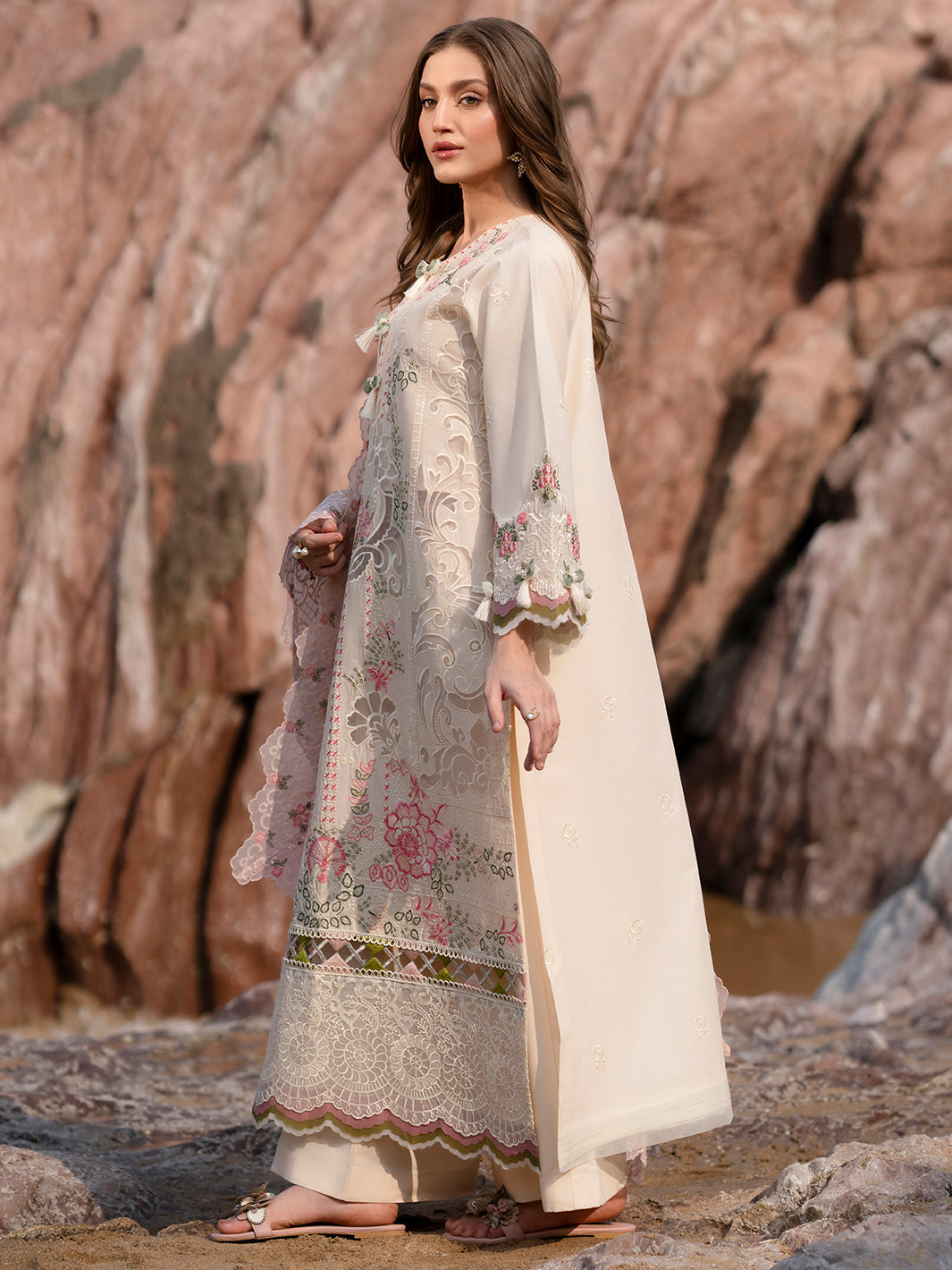 MAHNUR-3PC LAWN LASERCUTWORK EMBROIDERED SHIRT WITH KHAADI NET EMBROIDERED DUPATTA AND TROUSER-BIC-4721