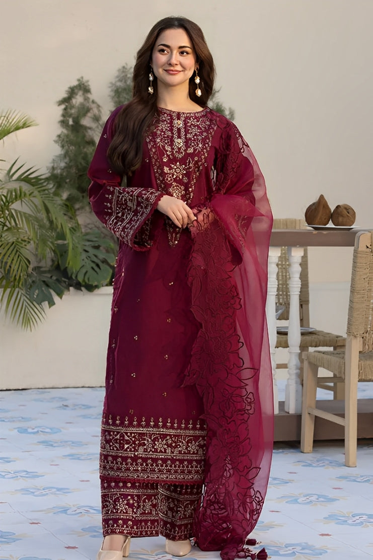QALAMQAR-3PC LAWN EMBROIDERED SHIRT WITH ORGANZA EMBROIDERED DUAPATTA AND TROUSER-BIC-3727