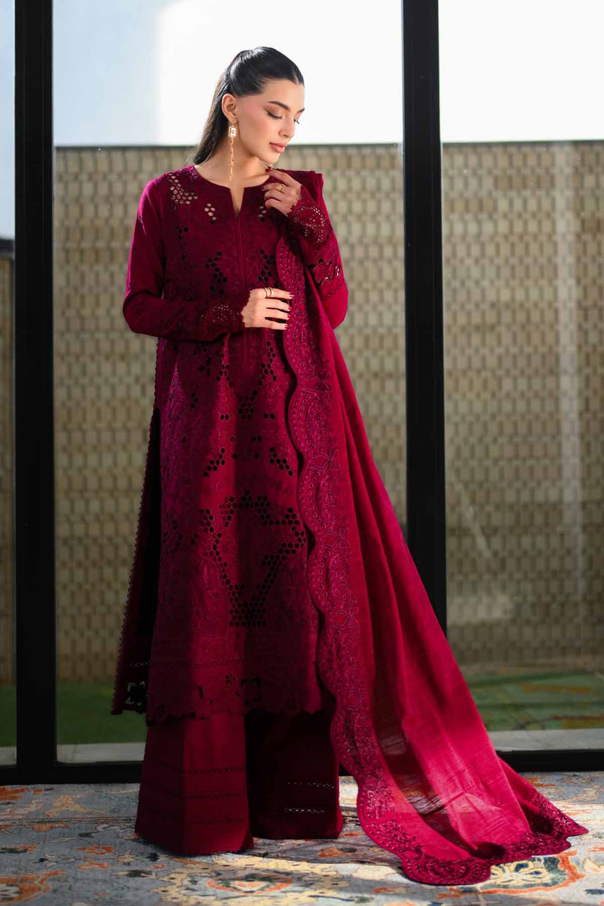 ZAIB-3PC LAWN CHIKAN EMBROIDERED SHIRT WITH KHADDI NET EMB DUPATTA AND TROUSER-BIC-4896