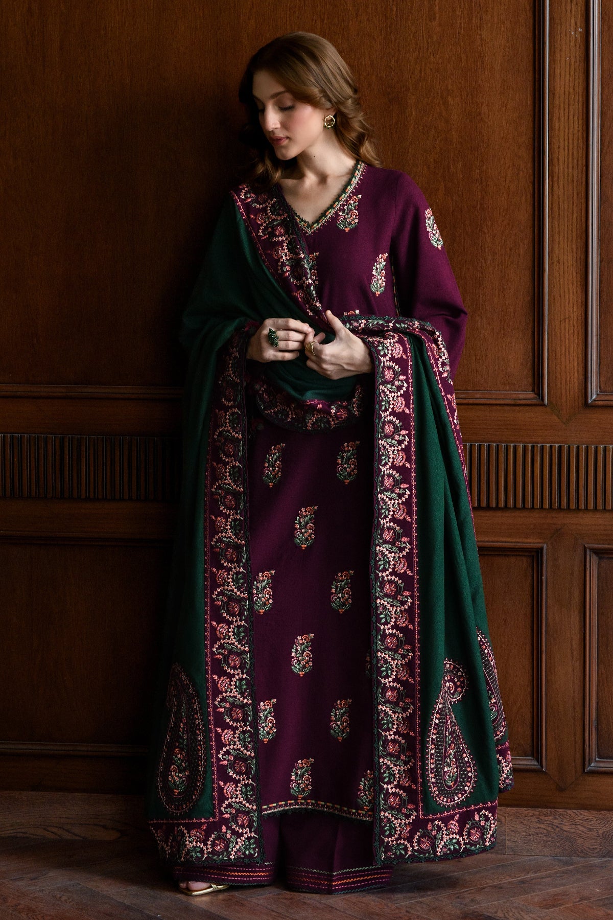 BATIK-3PC KARANDI EMBROIDERED SHIRT WITH DHANAK EMBROIDERED SHAWL AND TROUSER-BIC-4331