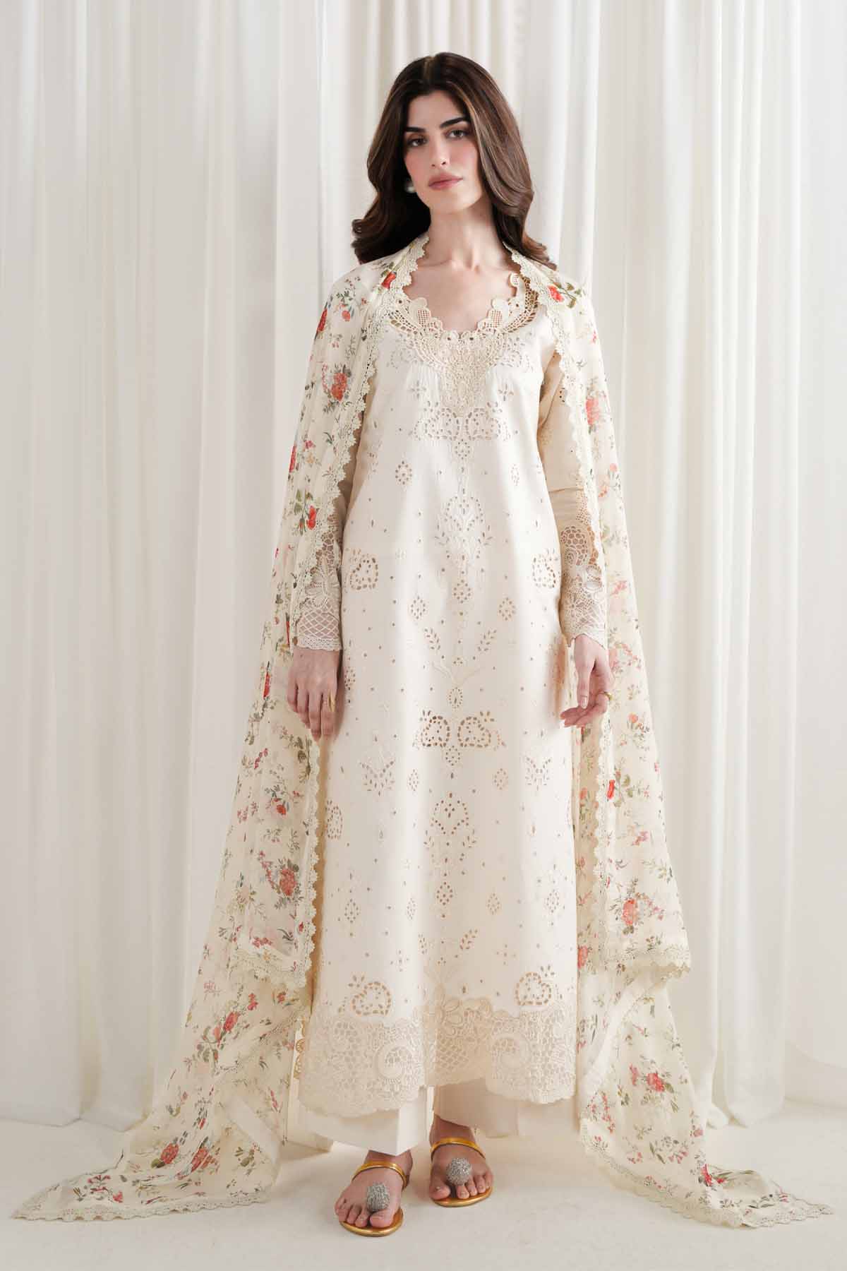 ZAIB-3PC LAWN CHIKAN EMBROIDERED SHIRT WITH SILK PRINTED DUPATTA AND TROUSER-BIC-4902
