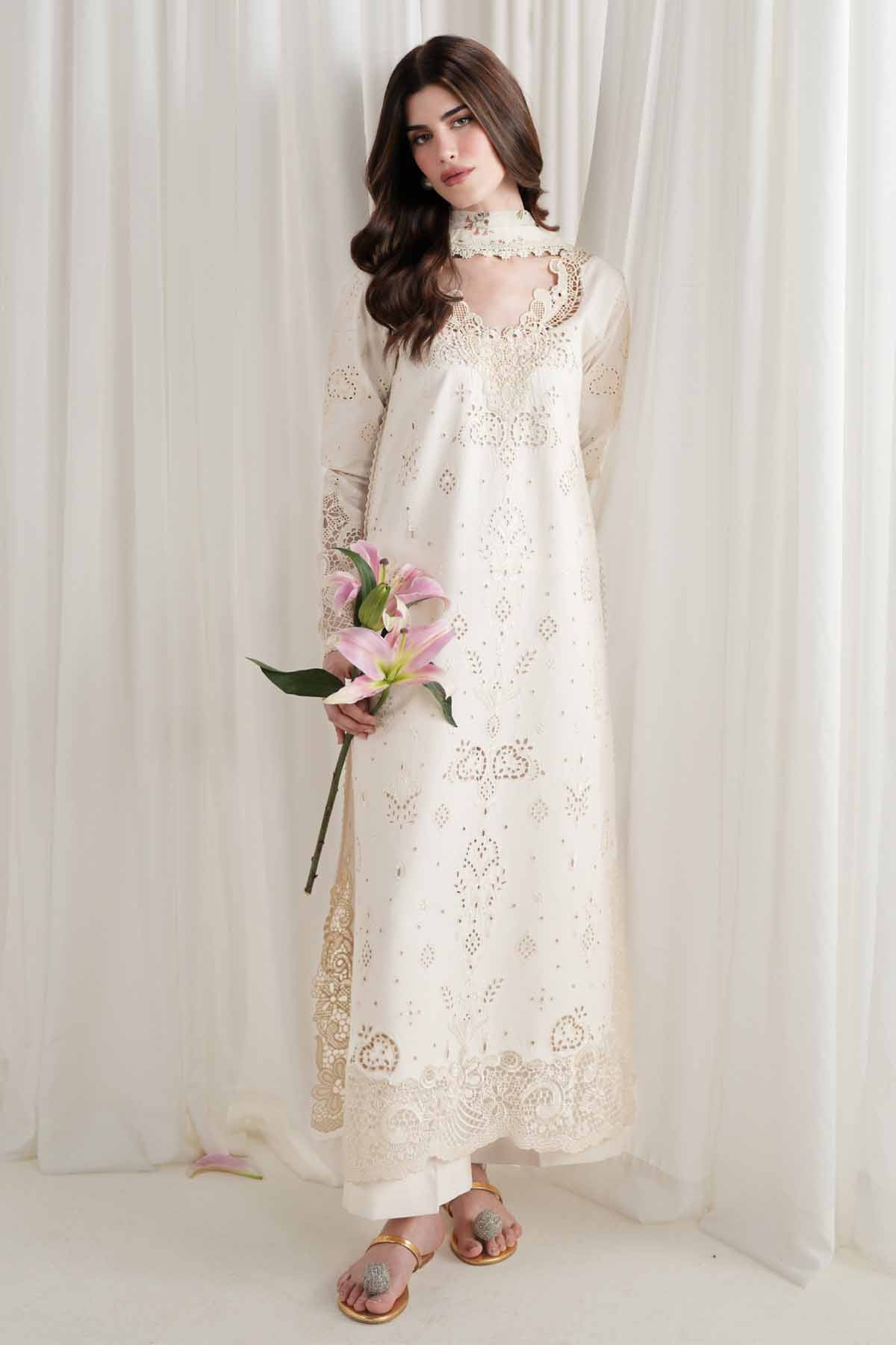 ZAIB-3PC LAWN CHIKAN EMBROIDERED SHIRT WITH SILK PRINTED DUPATTA AND TROUSER-BIC-4902