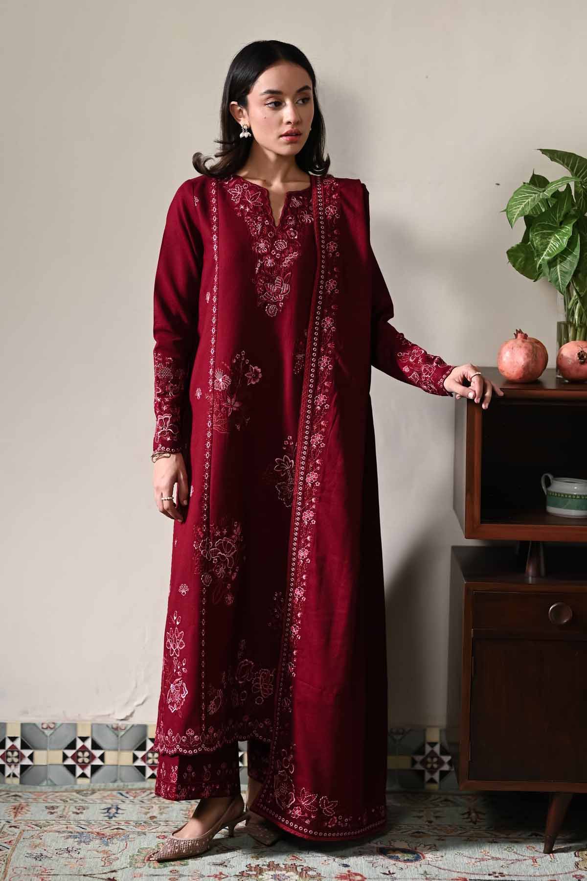 ZAIB-3PC DHANAK EMBROIDERED SHIRT WITH DHANAK EMBROIDERED SHAWL AND TROUSER-BIC-5031