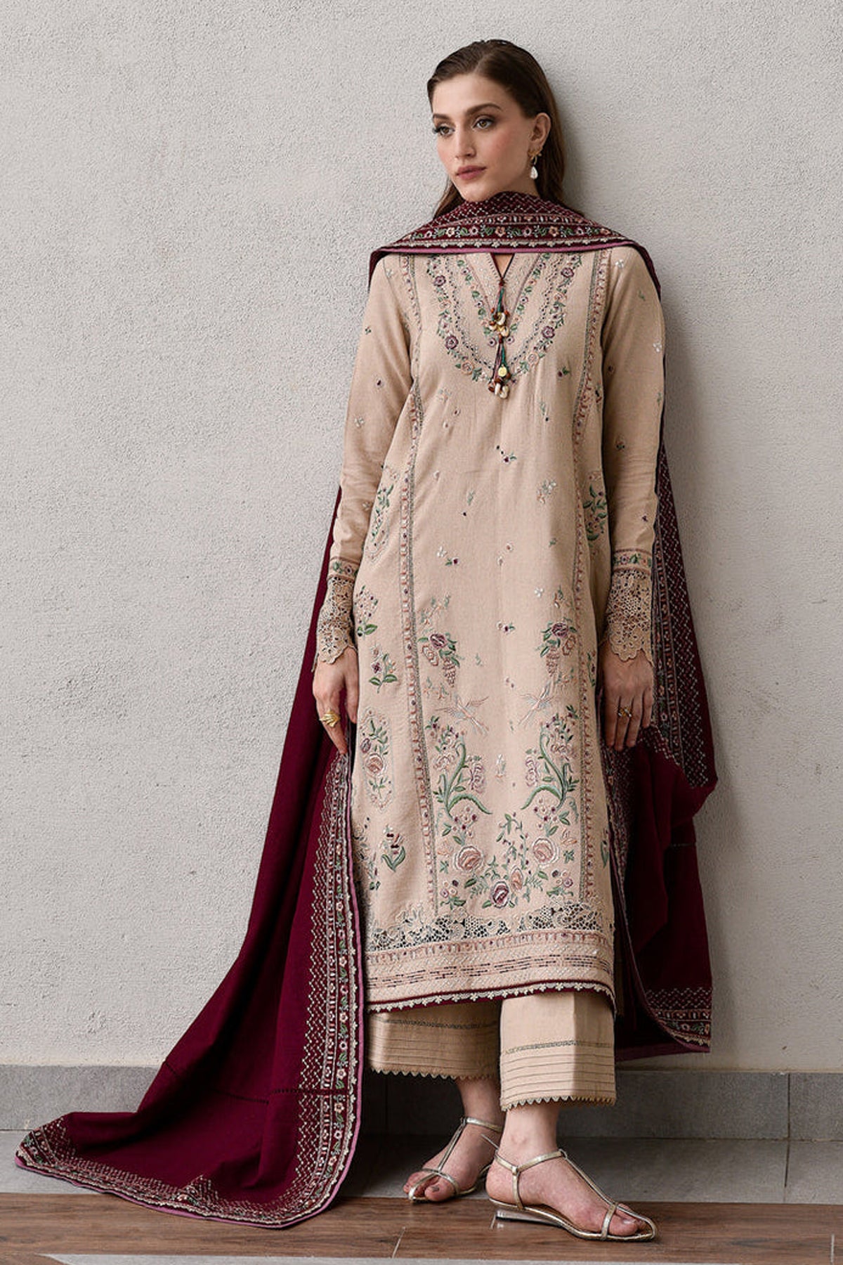 ZAIB-3PC DHANAK EMBROIDERED SHIRT WITH DHANAK EMBROIDERED SHAWL AND TROUSER-BIC-
