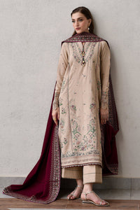 ZAIB-3PC DHANAK EMBROIDERED SHIRT WITH DHANAK EMBROIDERED SHAWL AND TROUSER-BIC-