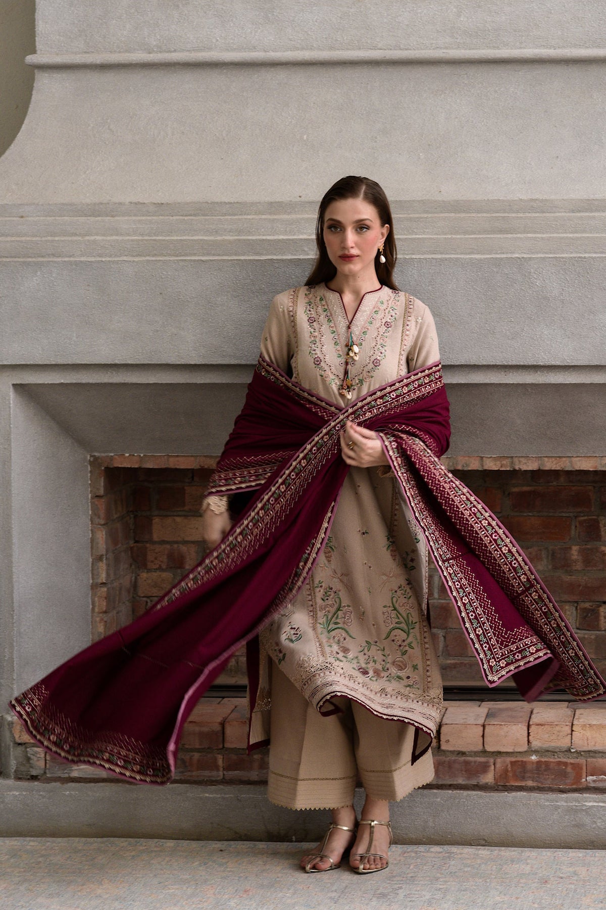 ZAIB-3PC DHANAK EMBROIDERED SHIRT WITH DHANAK EMBROIDERED SHAWL AND TROUSER-BIC-