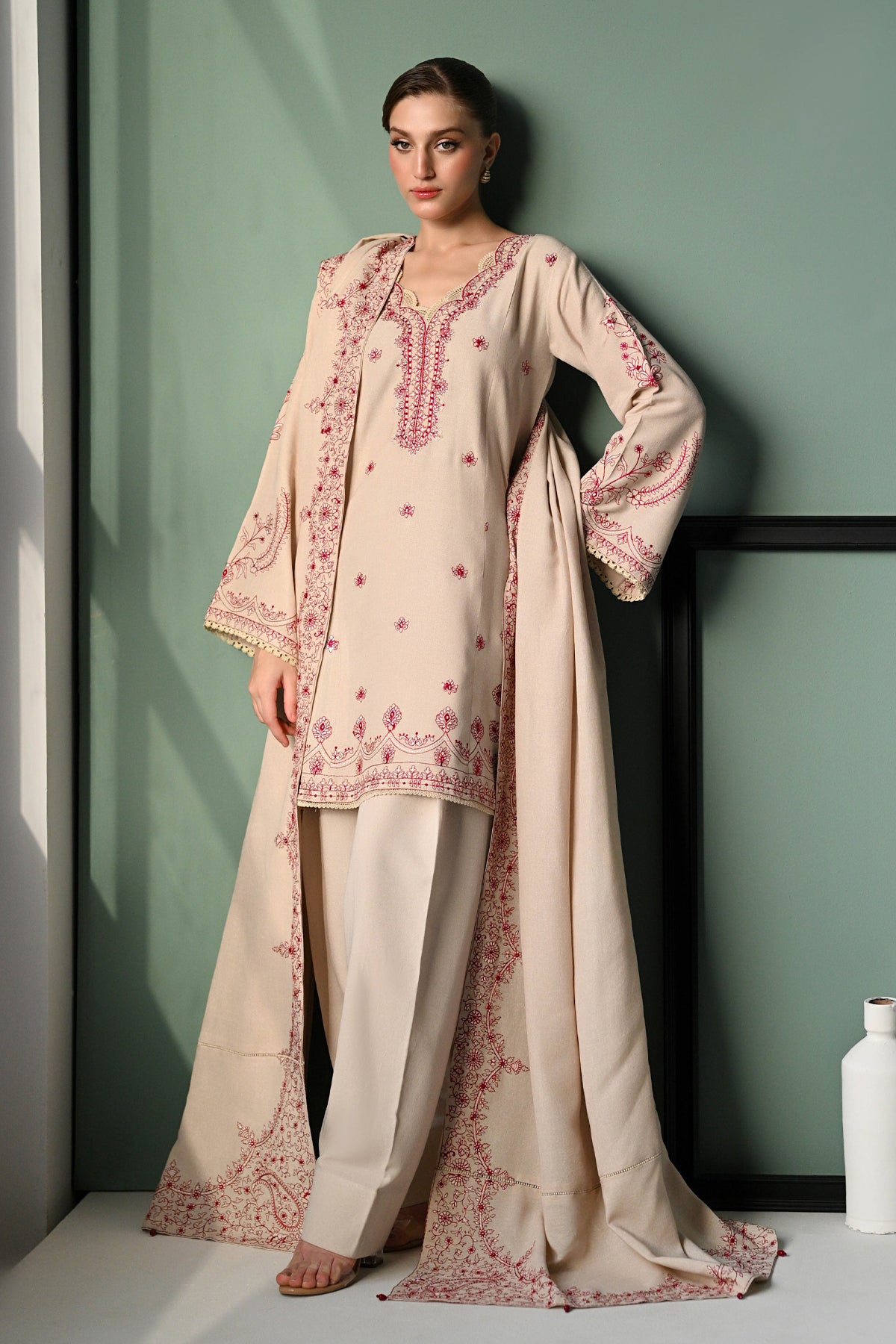 ZAIB-3PC DHANAK EMBROIDERED SHIRT WITH DHANAK EMBROIDERED SHAWL AND TROUSER-BIC-4352