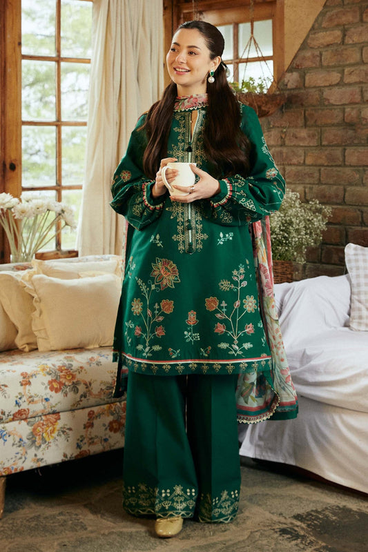 ZARA SHAHJAHAN-3PC LAWN EMBROIDERED SHIRT WITH MONARK PRINT DUPATTA & EMBROIDERED TROUSER-BIC-3545