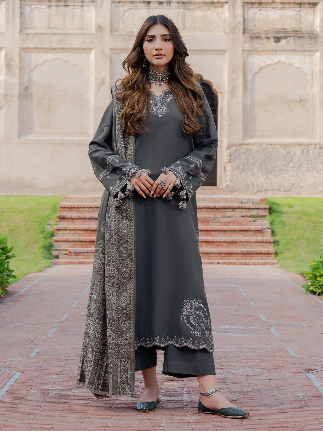 IZEL-3PC DHANAK EMBROIDERED SHIRT WITH COURTRAI PRINTED SHAWL & TROUSER-BIC-4359