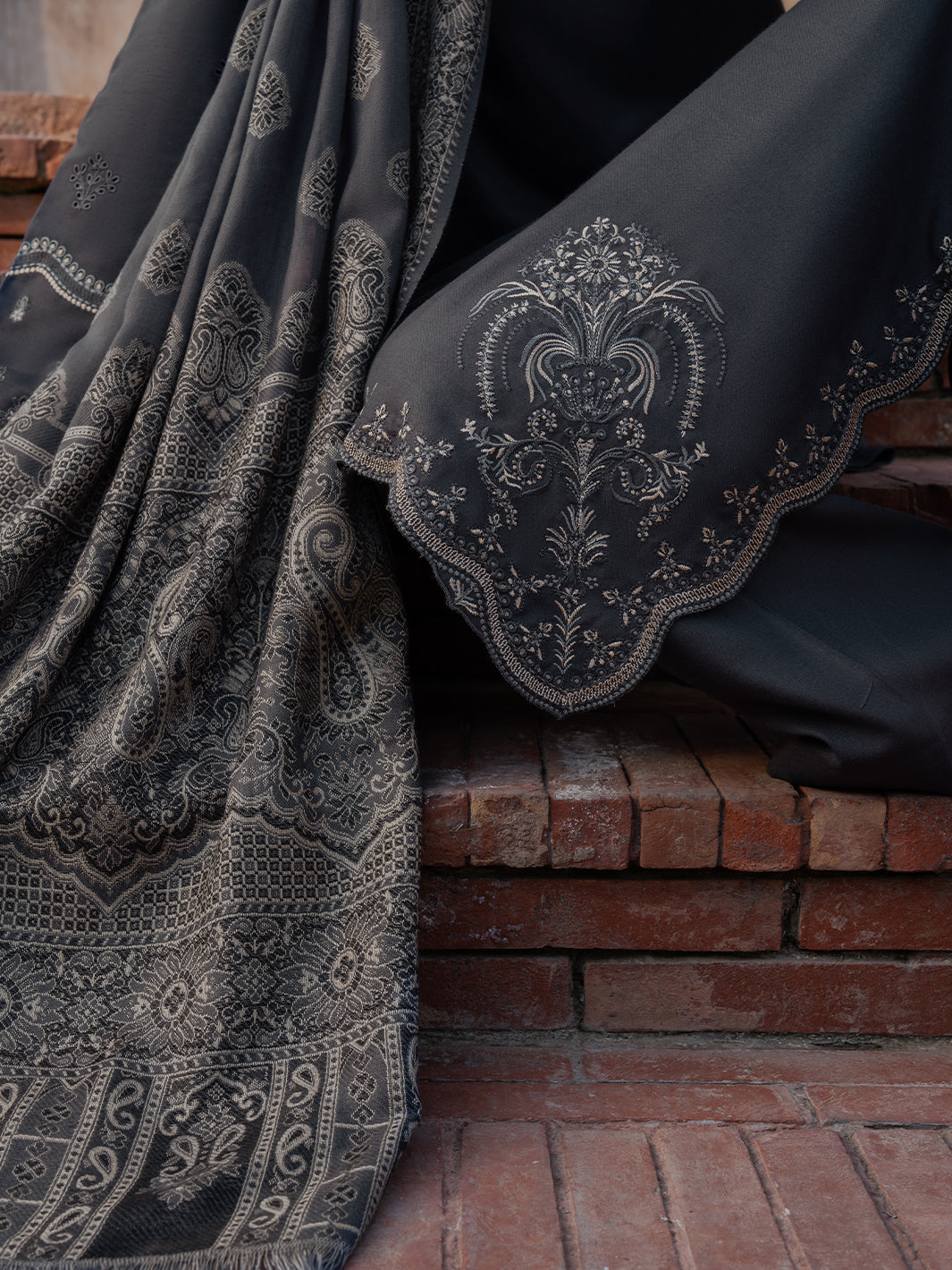 IZEL-3PC DHANAK EMBROIDERED SHIRT WITH COURTRAI PRINTED SHAWL & TROUSER-BIC-4359