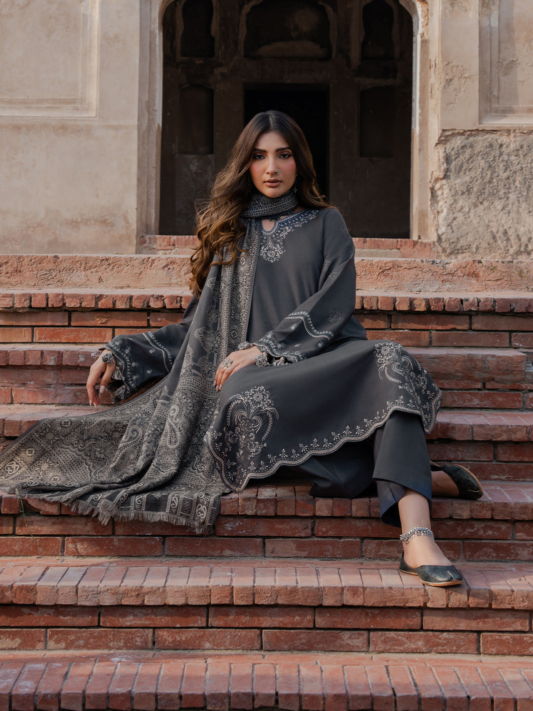 IZEL-3PC DHANAK EMBROIDERED SHIRT WITH COURTRAI PRINTED SHAWL & TROUSER-BIC-4359
