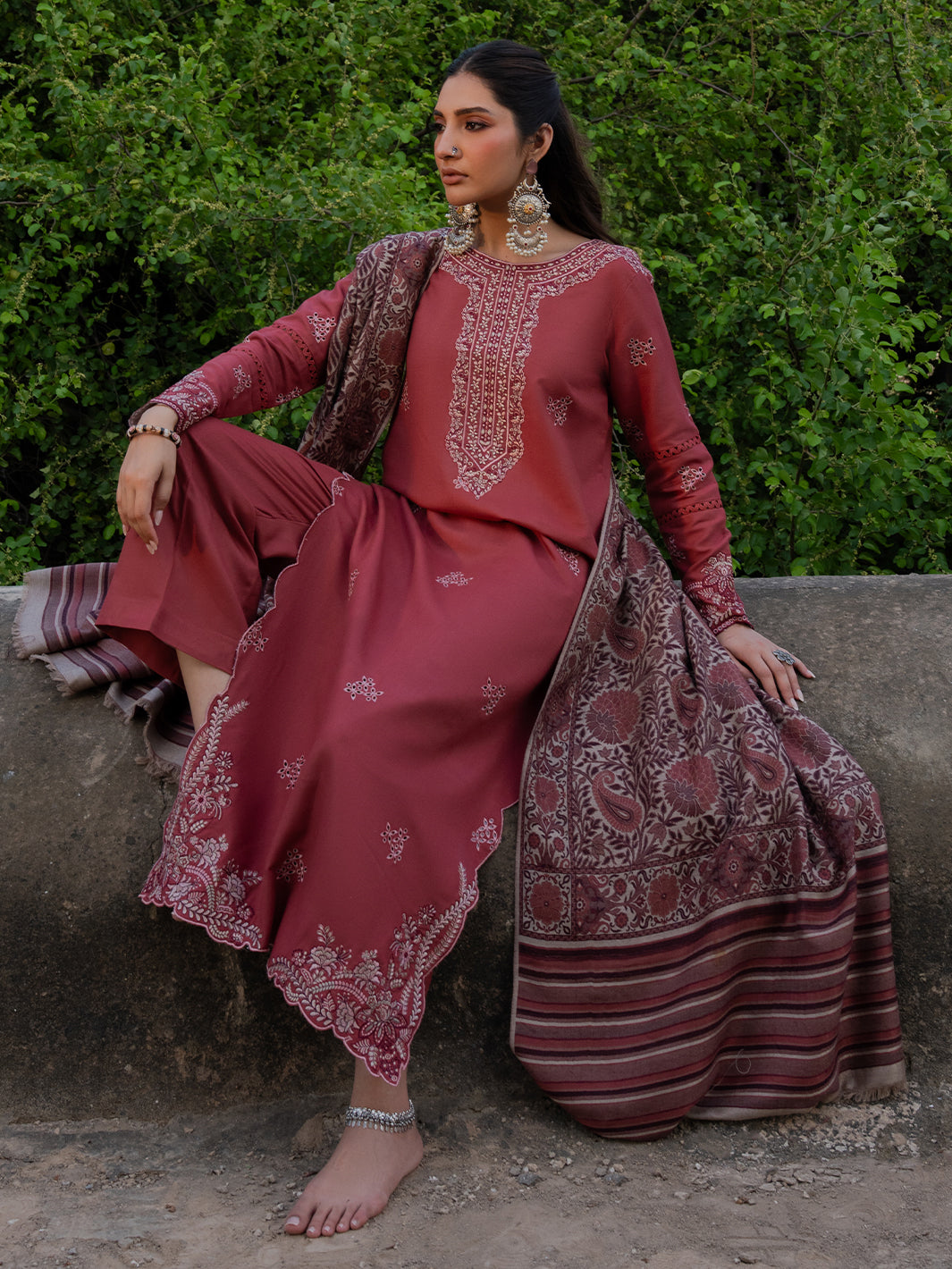 IZEL-3PC DHANAK EMBROIDERED SHIRT WITH COURTRAI PRINTED SHAWL & TROUSER-BIC-4356