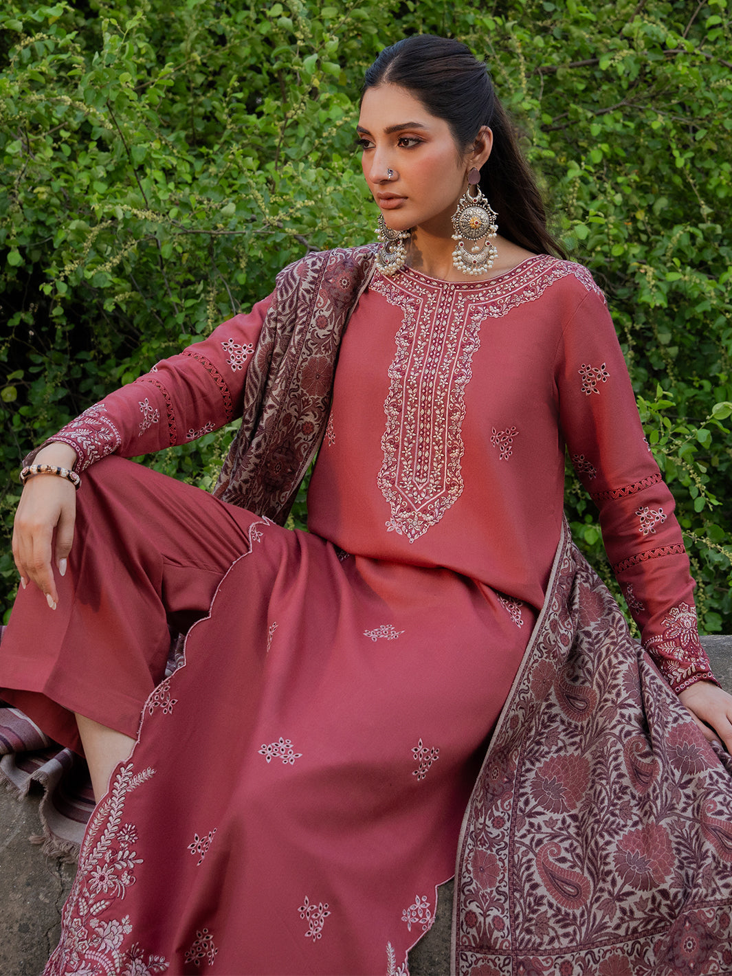 IZEL-3PC DHANAK EMBROIDERED SHIRT WITH COURTRAI PRINTED SHAWL & TROUSER-BIC-4356