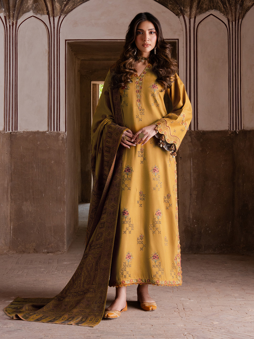 IZEL-3PC KARANDI EMBROIDERED SHIRT WITH PASHMINA WOOL SHAWL & KARANDI TROUSER-BIC-4355