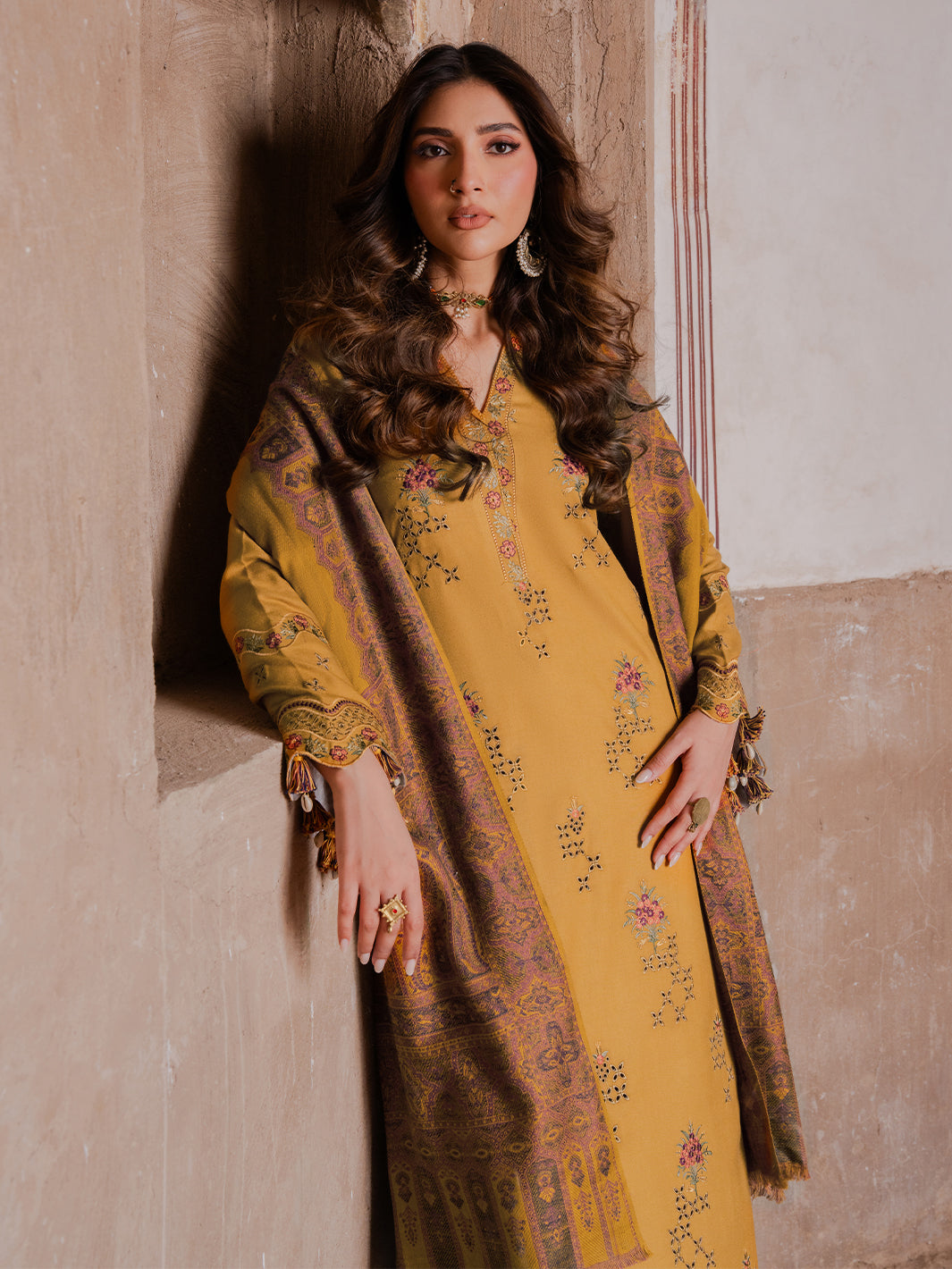 IZEL-3PC KARANDI EMBROIDERED SHIRT WITH PASHMINA WOOL SHAWL & KARANDI TROUSER-BIC-4355