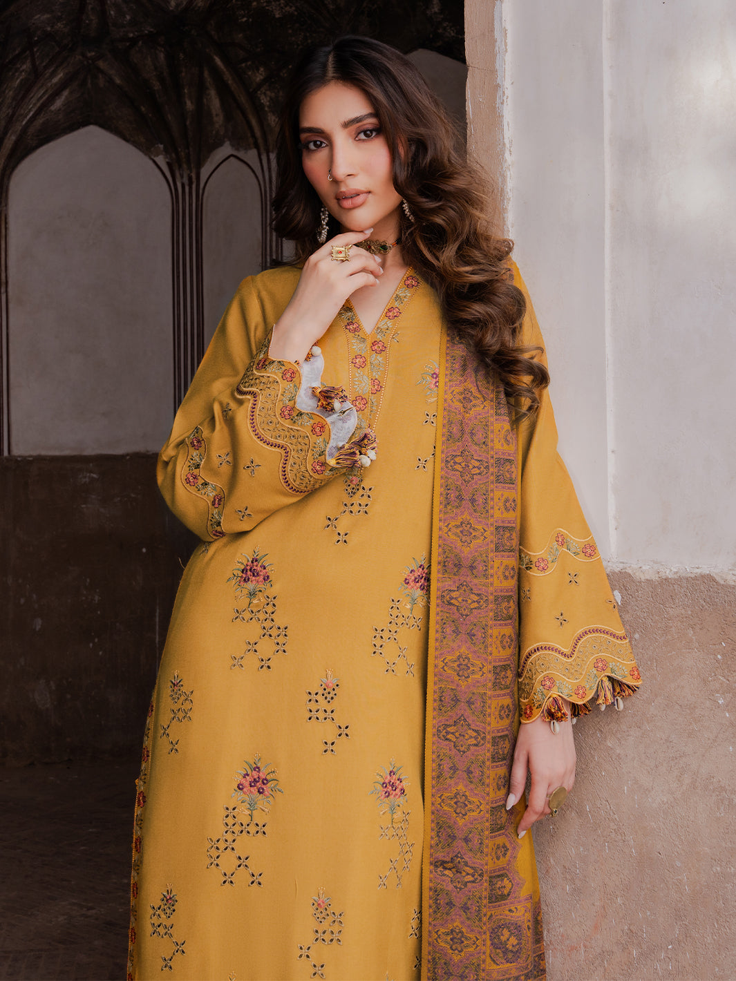 IZEL-3PC KARANDI EMBROIDERED SHIRT WITH PASHMINA WOOL SHAWL & KARANDI TROUSER-BIC-4355