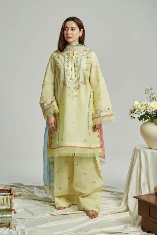 ZAHRA SHAHJAHAN- 3PC LAWN CHIKENKARI EMBROIDERED SHIRT WITH ORGANZA PRINT DUPATTA-BIC-2715