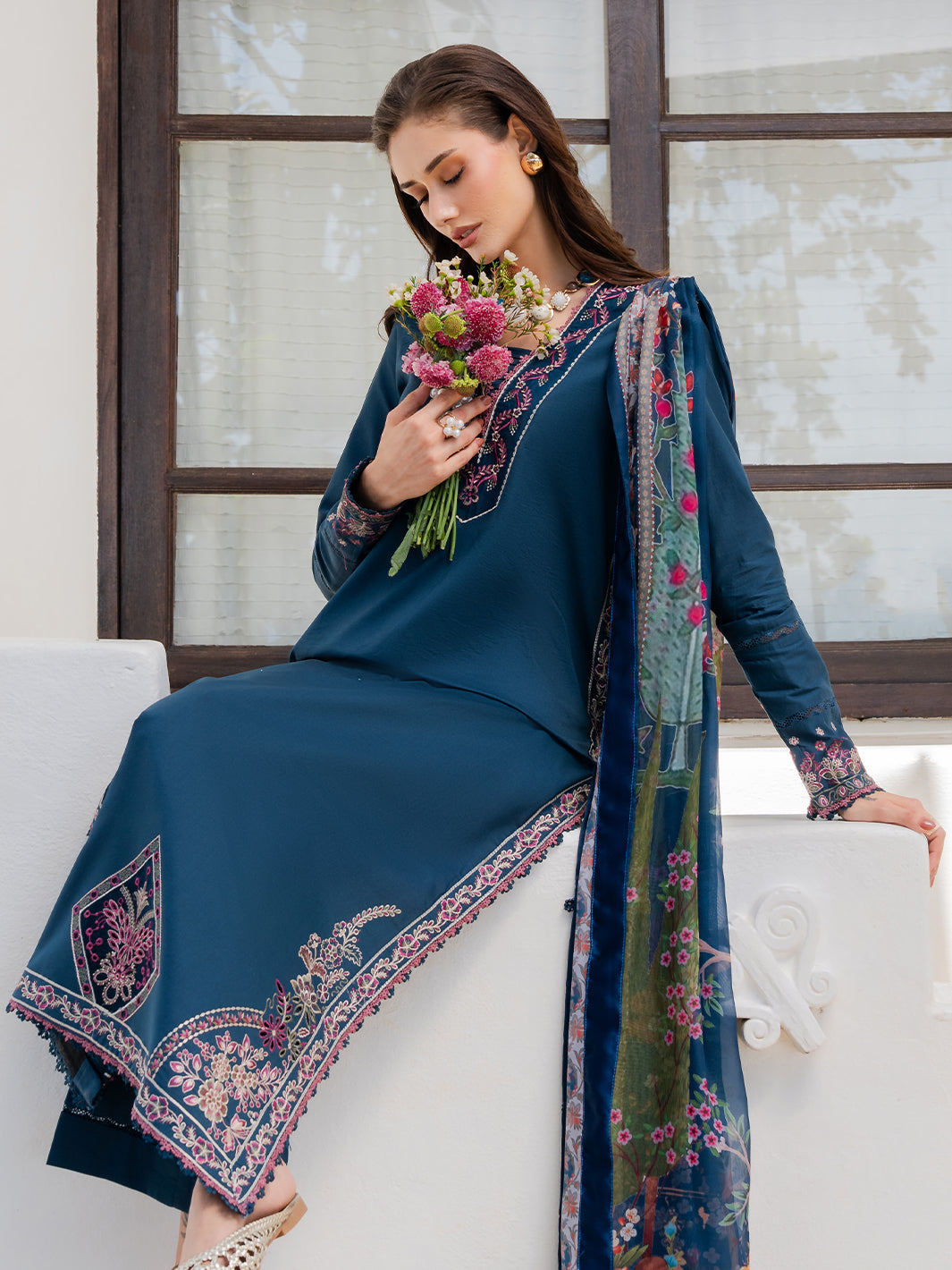 IZEL-3PC LAWN EMBROIDERED SHIRT WITH CHIFFON PRINTED DUPATTA AND TROUSER-BIC-4846