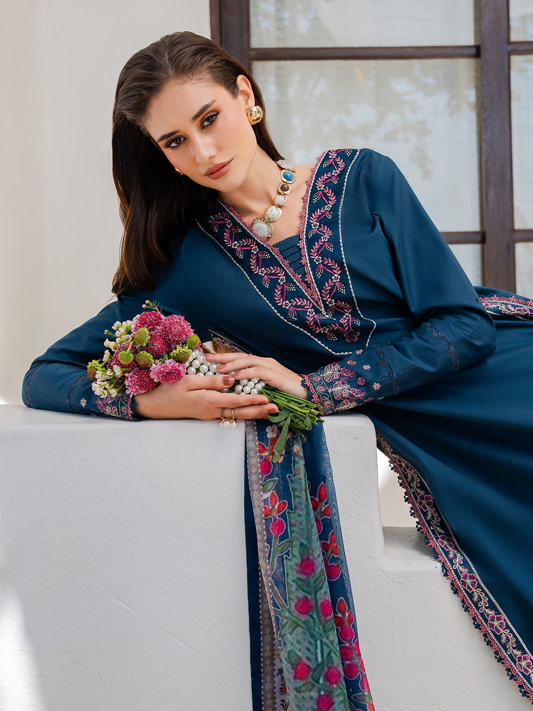 IZEL-3PC LAWN EMBROIDERED SHIRT WITH CHIFFON PRINTED DUPATTA AND TROUSER-BIC-4846