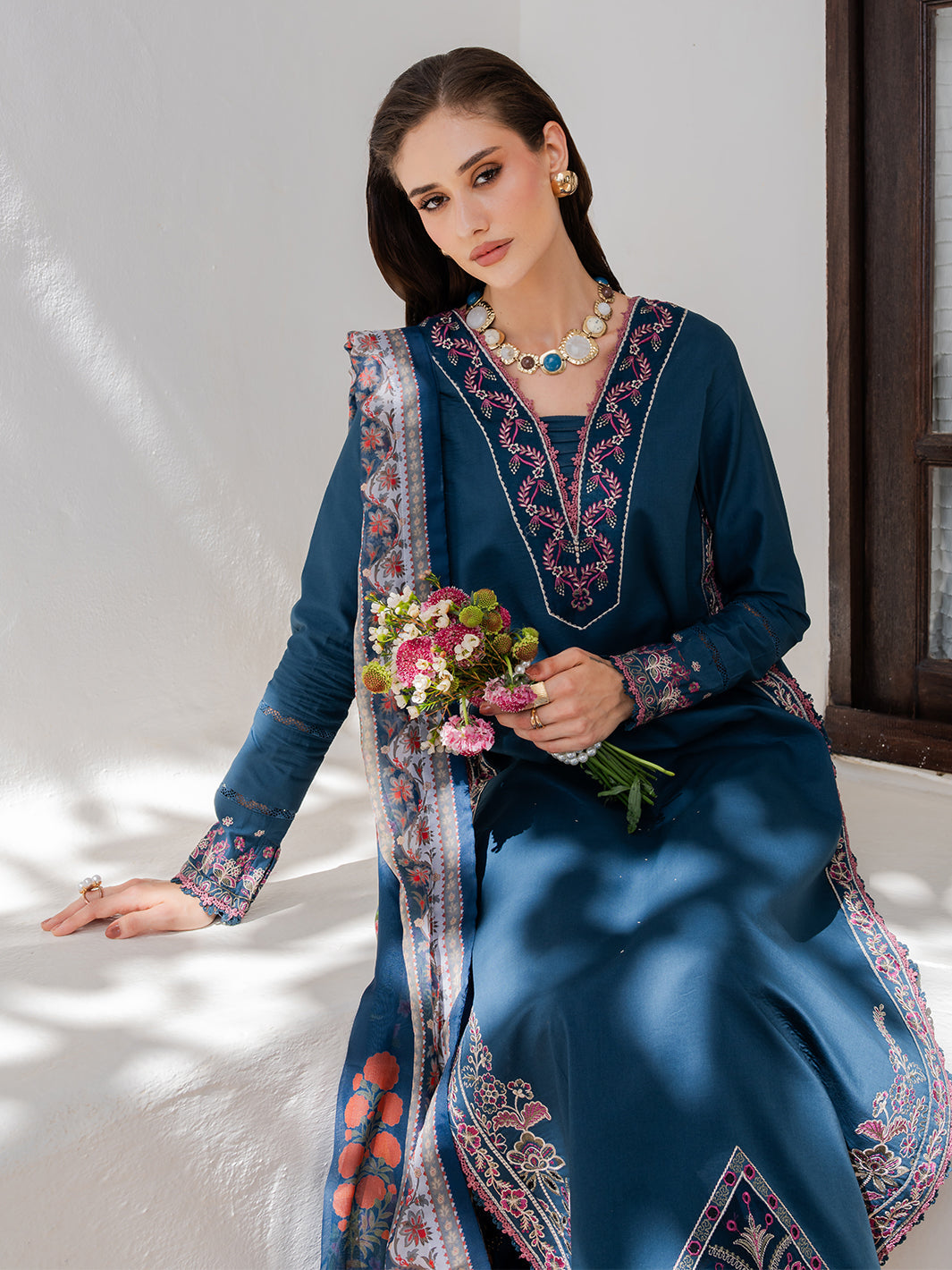 IZEL-3PC LAWN EMBROIDERED SHIRT WITH CHIFFON PRINTED DUPATTA AND TROUSER-BIC-4846