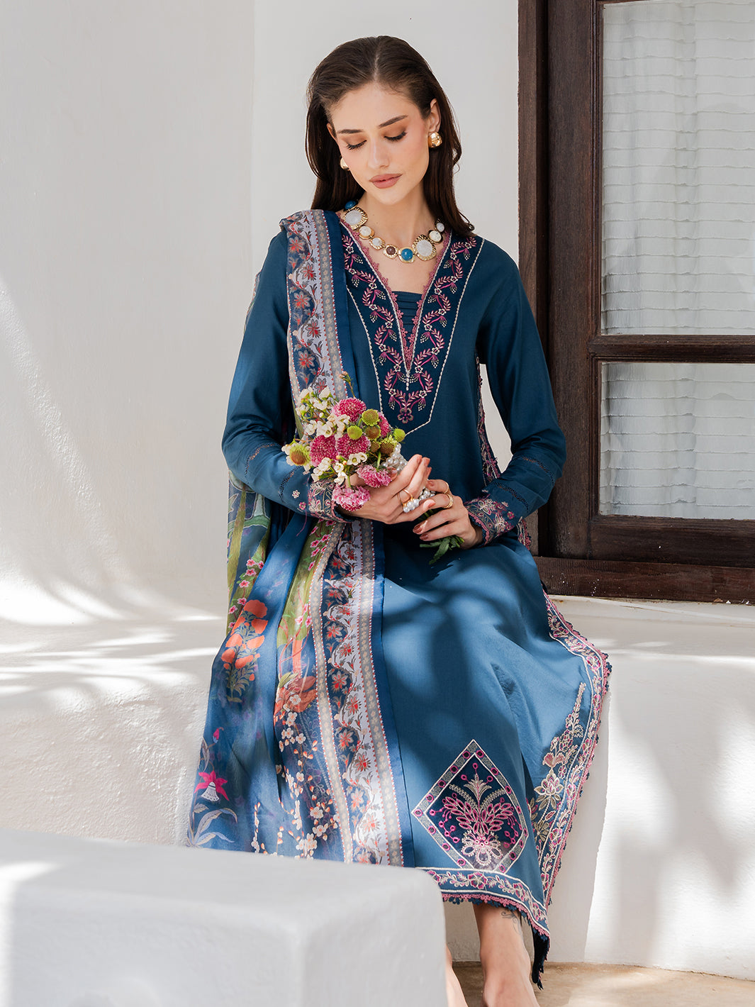 IZEL-3PC LAWN EMBROIDERED SHIRT WITH CHIFFON PRINTED DUPATTA AND TROUSER-BIC-4846