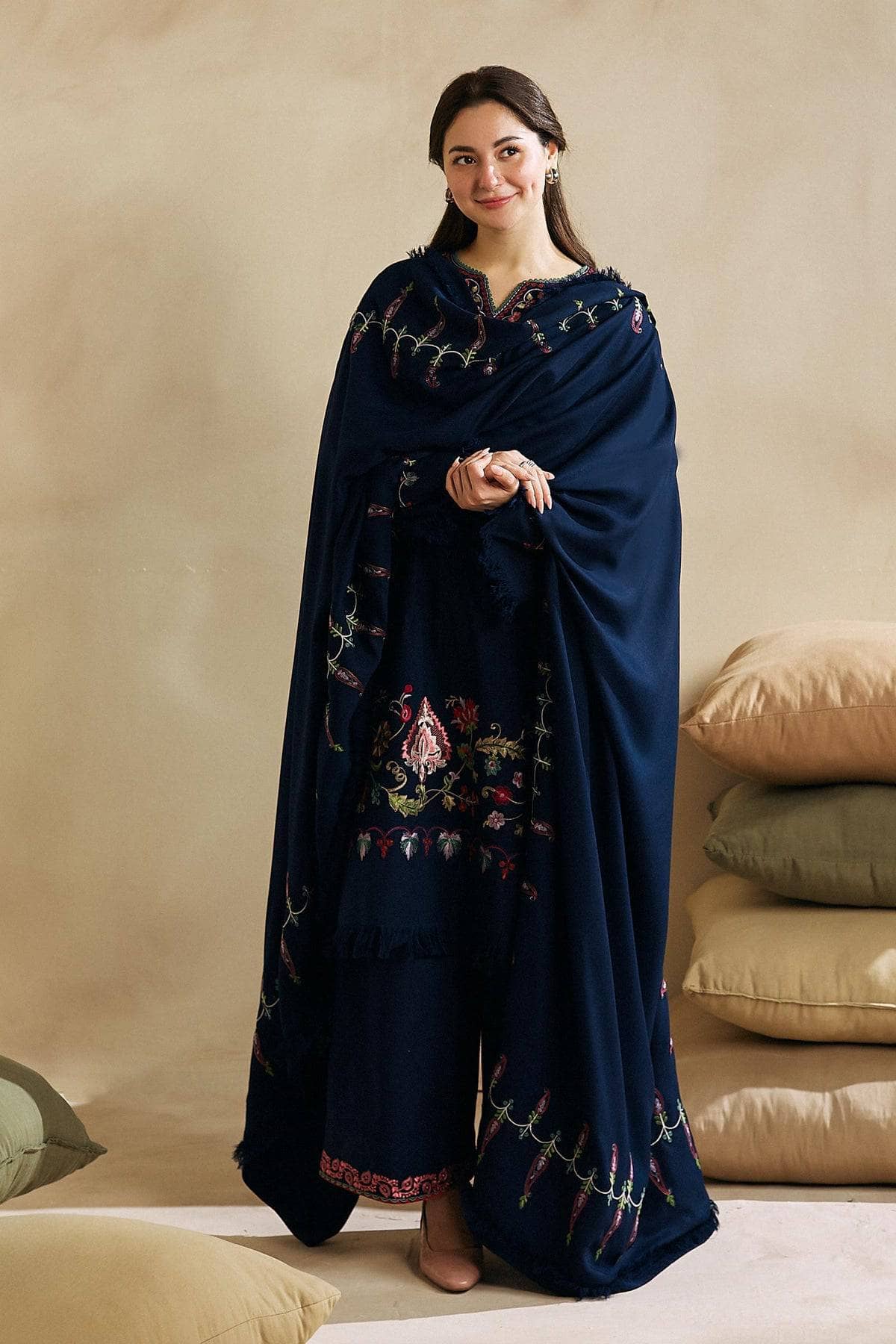 ZARA SHAH JAHAN-3PC DHANAK EMBROIDERED SHIRT WITH DHANAK EMBROIDERED SHAWL AND EMB TROUSER-BIC-4221