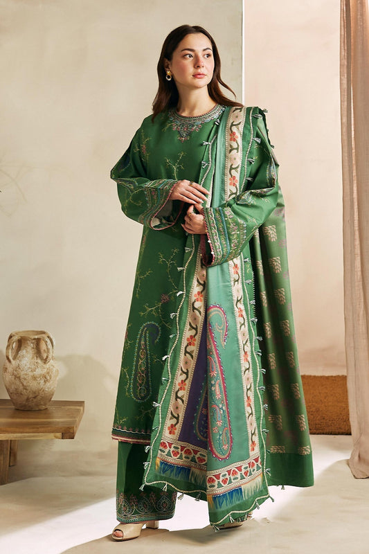 ZARA SHAH JAHAN - 3PC DHANAK EMBROIDERED SHIRT WITH COUTRAI PRINT SHAWL AND TROUSER-BIC-3249