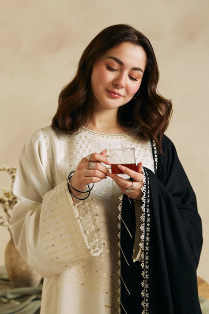ZARA SHAH JAHAN-3PC DHANAK EMBROIDERED SHIRT WITH DHANAK EMBROIDERED SHAWL & EMB TROUSER-BIC-4010