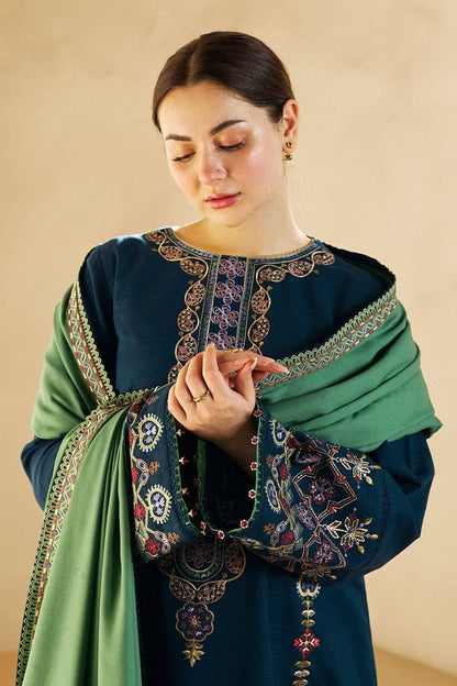 ZARA SHAH JAHAN- 3PC DHANAK EMBROIDERED SHIRT WITH DHANAK EMBROIDERED SHAWL AND EMB TROUSER-BIC-4211