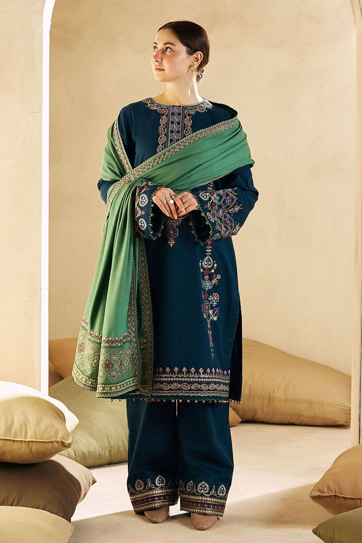 ZARA SHAH JAHAN- 3PC DHANAK EMBROIDERED SHIRT WITH DHANAK EMBROIDERED SHAWL AND EMB TROUSER-BIC-4211