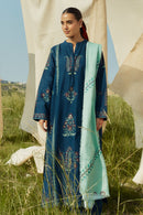 ZARA SHAHJAHAN- 3PC KHADDAR EMBROIDERED SHIRT WITH COURTAI WOOL PRINT SHAWL AND TROUSER-BIC-3337