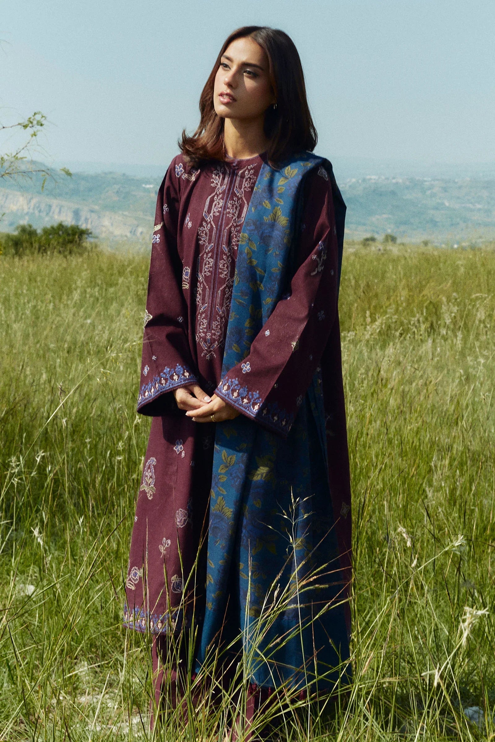 ZARA SHAH JAHAN-3PC DHANAK EMBROIDERED SHIRT WITH COURTRAI WOOL PRINTED SHAWL AND TROUSER-BIC-4045