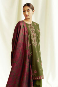 ZARA SHAH JAHAN- 3PC DHANAK EMBROIDERED SHIRT WITH COURTRAI PRINTED SHAWL AND TROUSER-BIC-4046