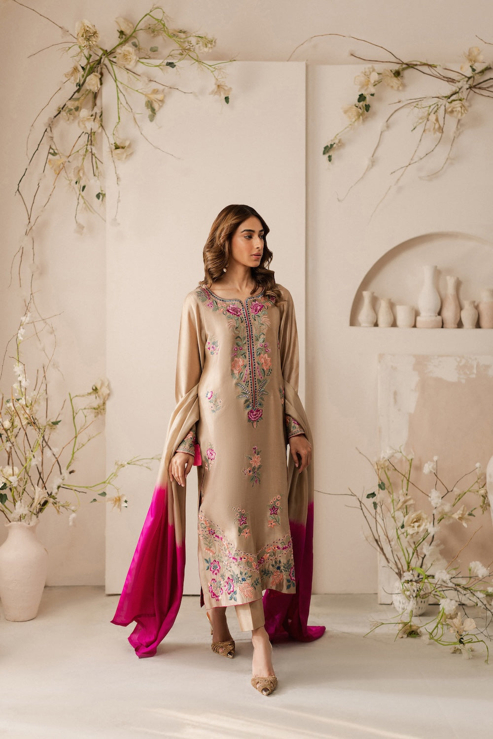 VINTAGE-3PC DHANAK EMBROIDERED SHIRT WITH TYE & DYE CHIFFON  DUPATTA AND TROUSER-BIC-4169