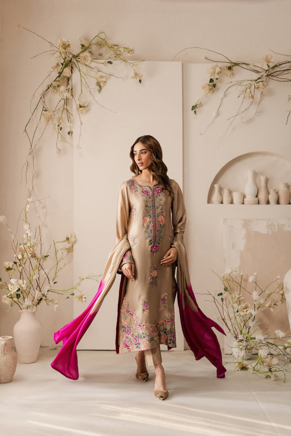 VINTAGE-3PC DHANAK EMBROIDERED SHIRT WITH TYE & DYE CHIFFON  DUPATTA AND TROUSER-BIC-4169
