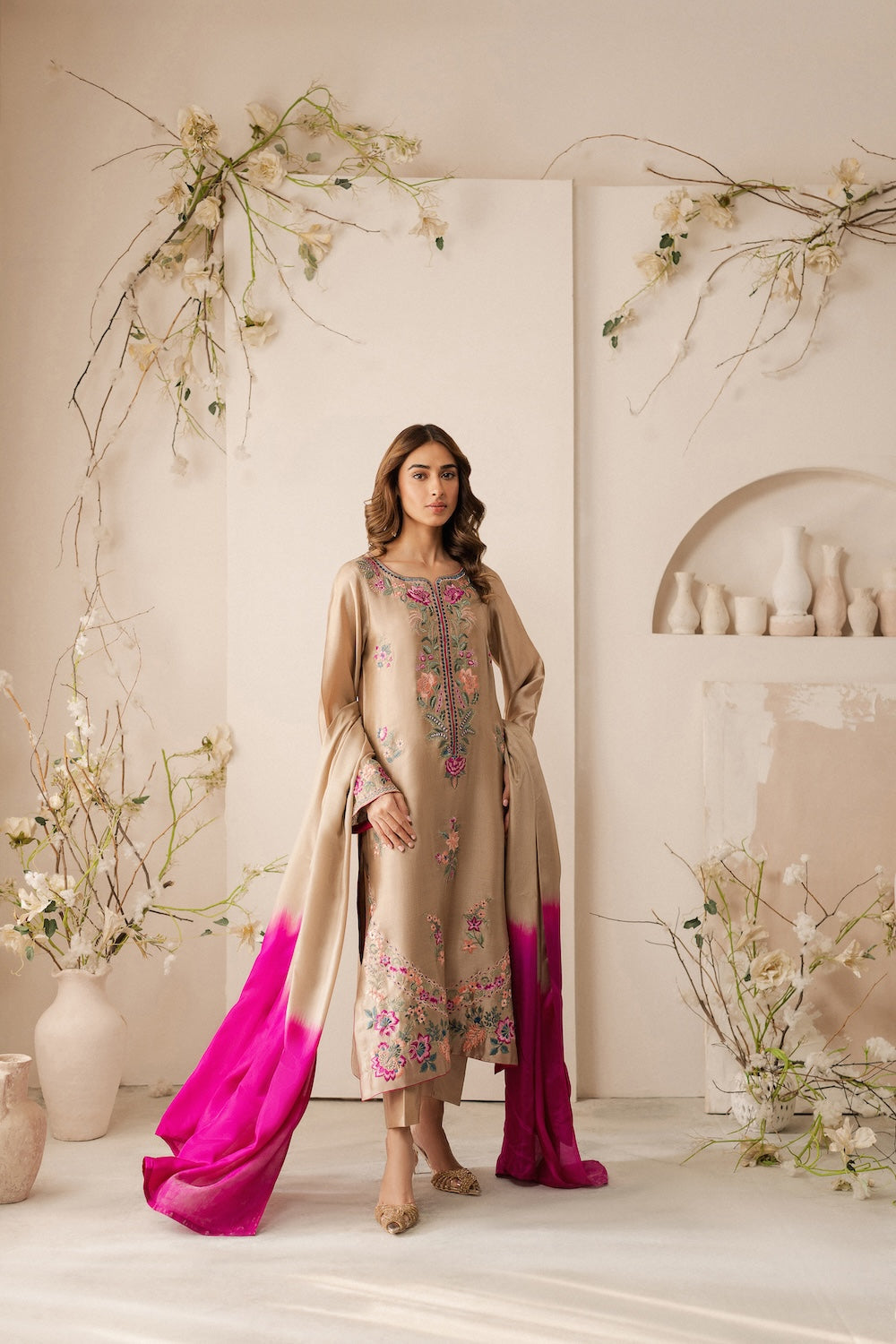 VINTAGE-3PC DHANAK EMBROIDERED SHIRT WITH TYE & DYE CHIFFON  DUPATTA AND TROUSER-BIC-4169