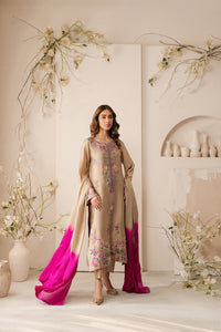 VINTAGE-3PC DHANAK EMBROIDERED SHIRT WITH TYE & DYE CHIFFON  DUPATTA AND TROUSER-BIC-4169