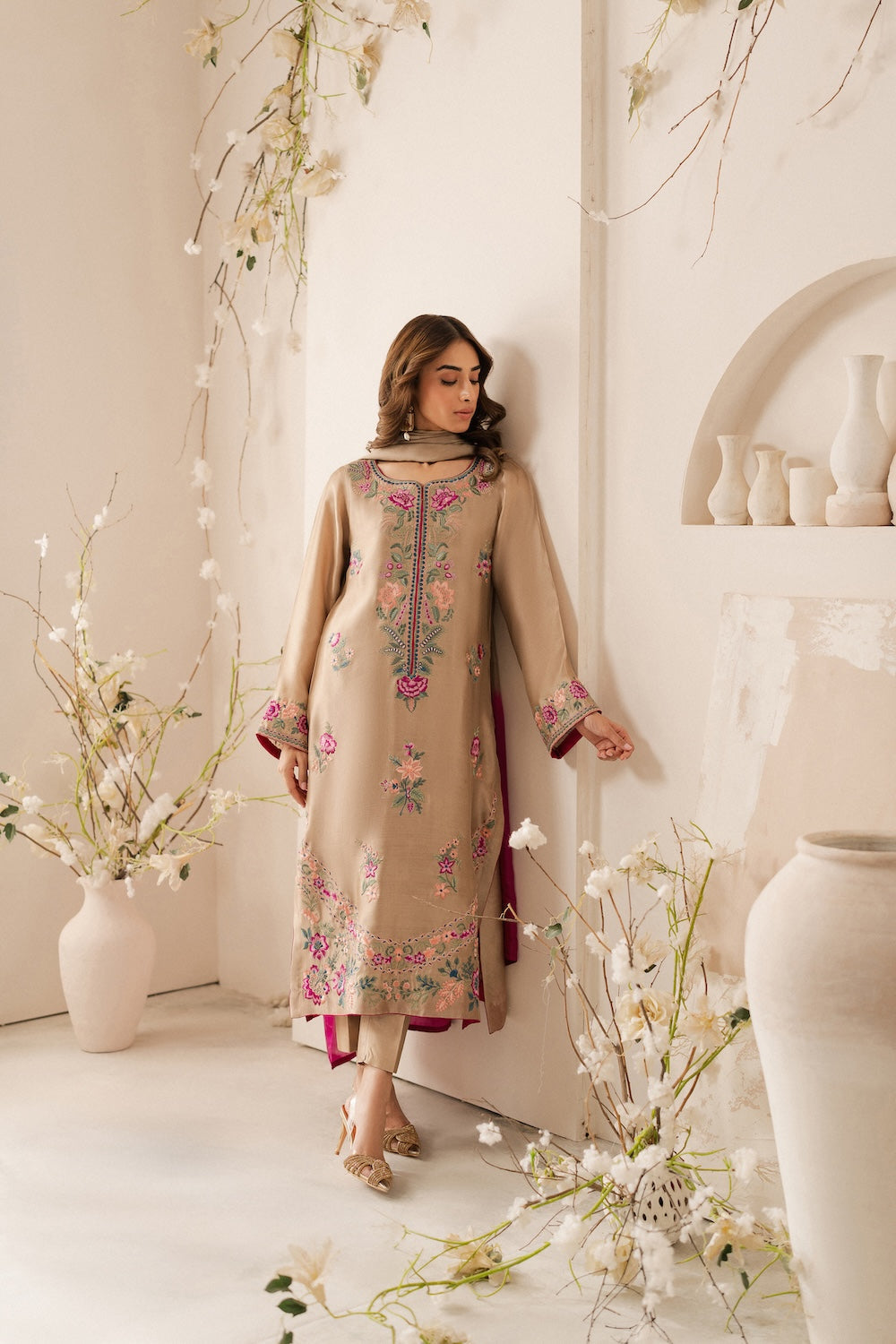 VINTAGE-3PC DHANAK EMBROIDERED SHIRT WITH TYE & DYE CHIFFON  DUPATTA AND TROUSER-BIC-4169
