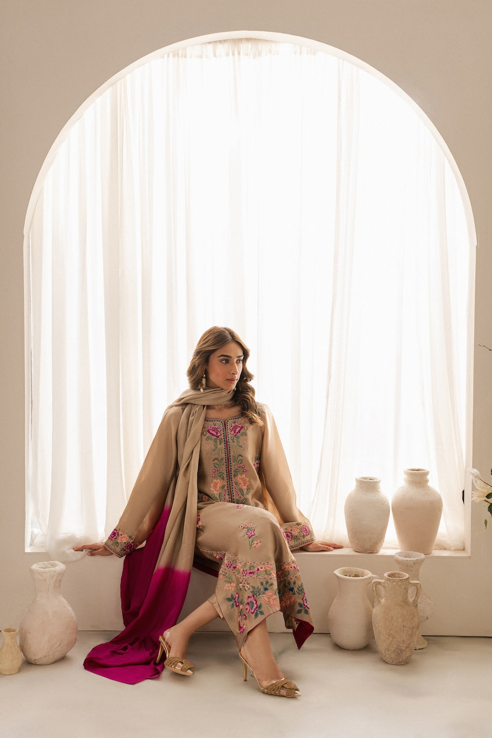 VINTAGE-3PC DHANAK EMBROIDERED SHIRT WITH TYE & DYE CHIFFON  DUPATTA AND TROUSER-BIC-4169