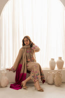 VINTAGE-3PC DHANAK EMBROIDERED SHIRT WITH TYE & DYE CHIFFON  DUPATTA AND TROUSER-BIC-4169