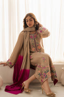 VINTAGE-3PC DHANAK EMBROIDERED SHIRT WITH TYE & DYE CHIFFON  DUPATTA AND TROUSER-BIC-4169